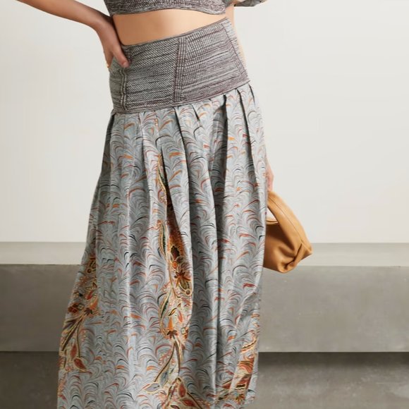 ULLA JOHNSON Pleated Printed Taffeta And Mouline Ribbed-knit Skirt In Chalcedony - Picture 4 of 9